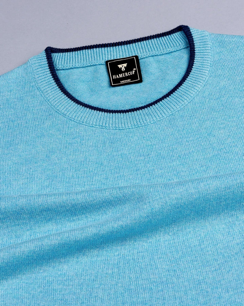 Thunder Aqua Blue Melange Knitted Cotton T-Shirt