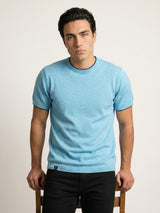 Thunder Aqua Blue Melange Knitted Cotton T-Shirt