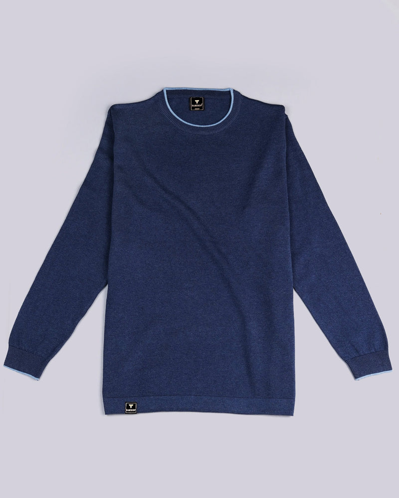 Vibrant NavyBlue Melange Knitted Cotton Full Sleeves T-Shirt