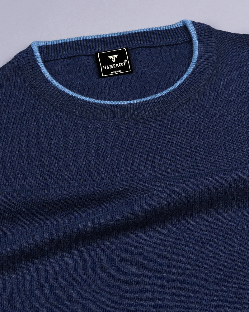 Vibrant NavyBlue Melange Knitted Cotton Full Sleeves T-Shirt