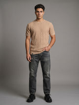 Triton Camel Cream Knitted Cotton T-Shirt