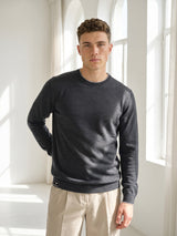 Vibrant Charcoal Black Melange Knitted Cotton Full Sleeves T-Shirt