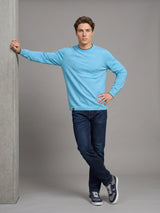 Vibrant Aqua Blue Melange Knitted Cotton Full Sleeves T-Shirt