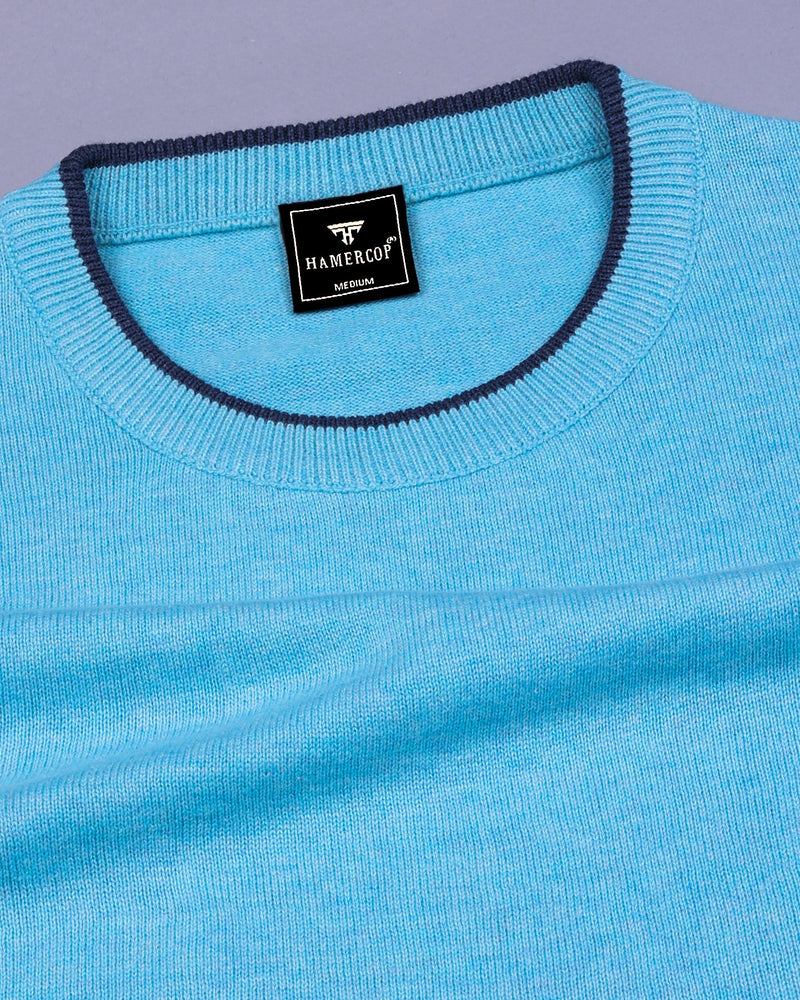 Vibrant Aqua Blue Melange Knitted Cotton Full Sleeves T-Shirt