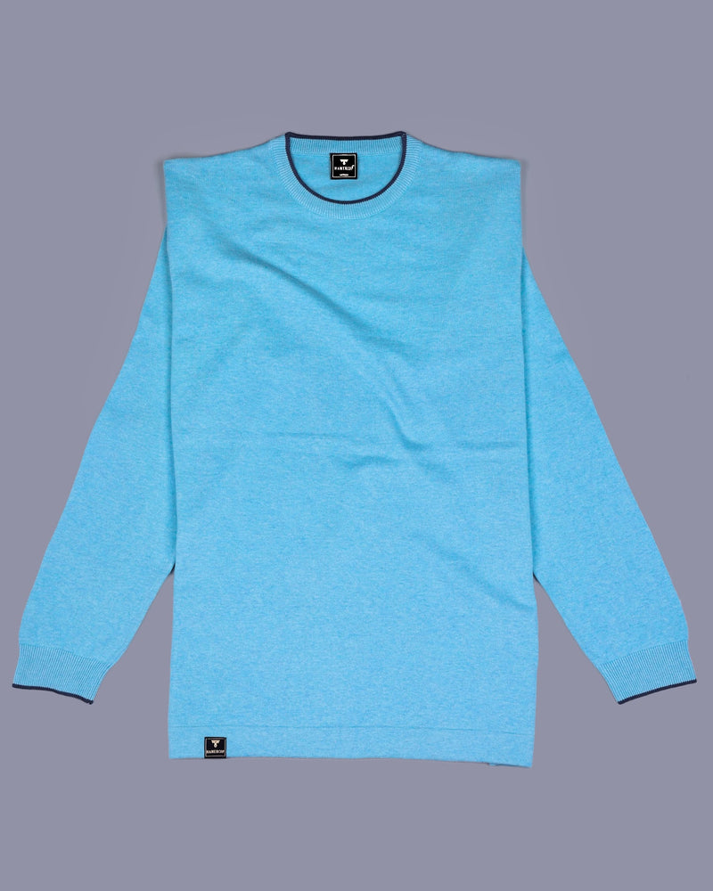 Vibrant Aqua Blue Melange Knitted Cotton Full Sleeves T-Shirt