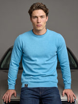 Vibrant Aqua Blue Melange Knitted Cotton Full Sleeves T-Shirt