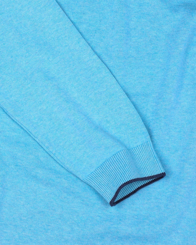 Vibrant Aqua Blue Melange Knitted Cotton Full Sleeves T-Shirt