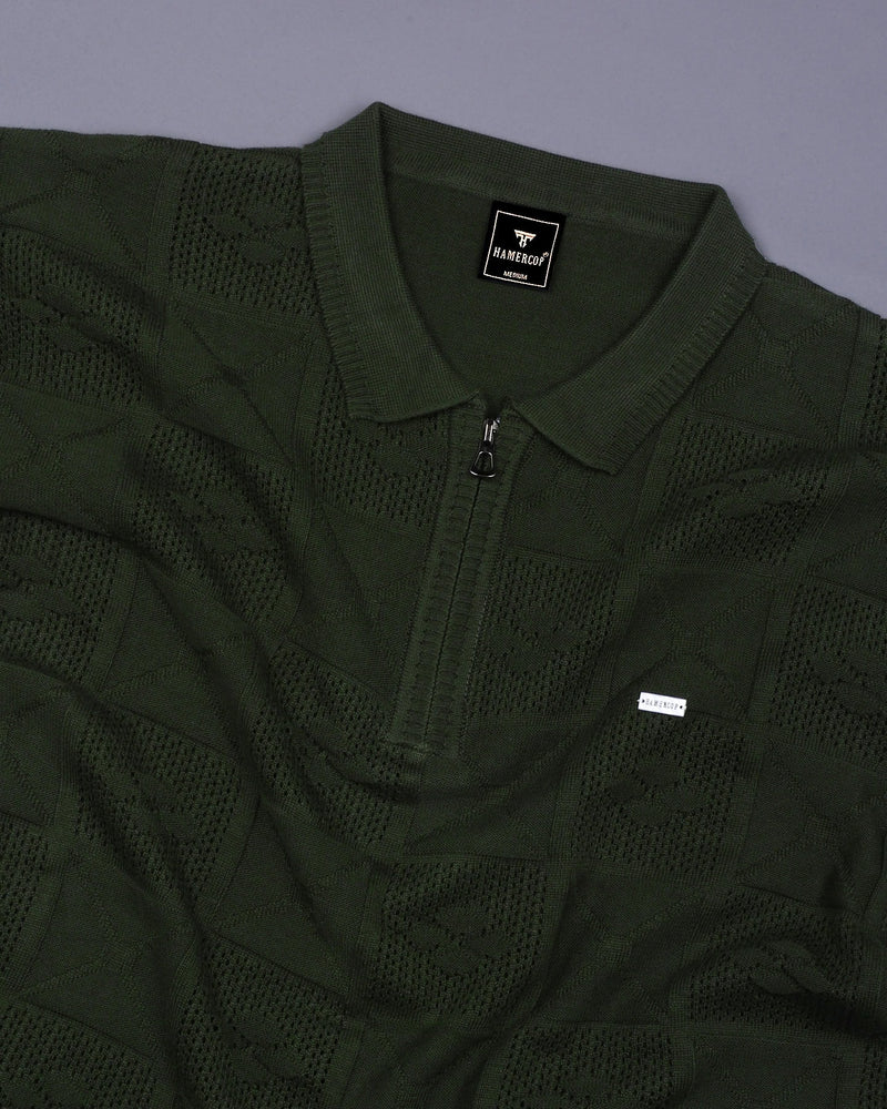 Bosstone Forest Green Knitted Cotton Zipper Polo T-Shirt