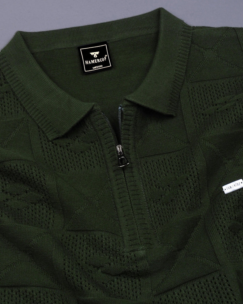 Bosstone Forest Green Knitted Cotton Zipper Polo T-Shirt