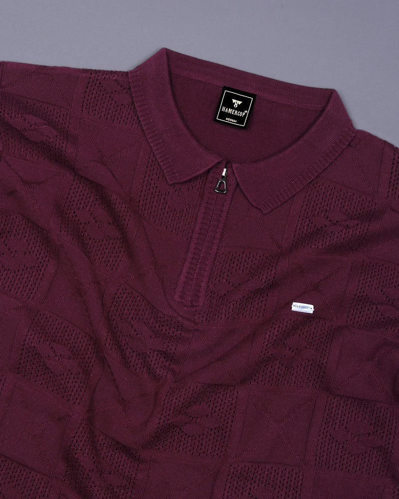 Bosstone Wine Maroon Knitted Cotton Zipper Polo T-Shirt