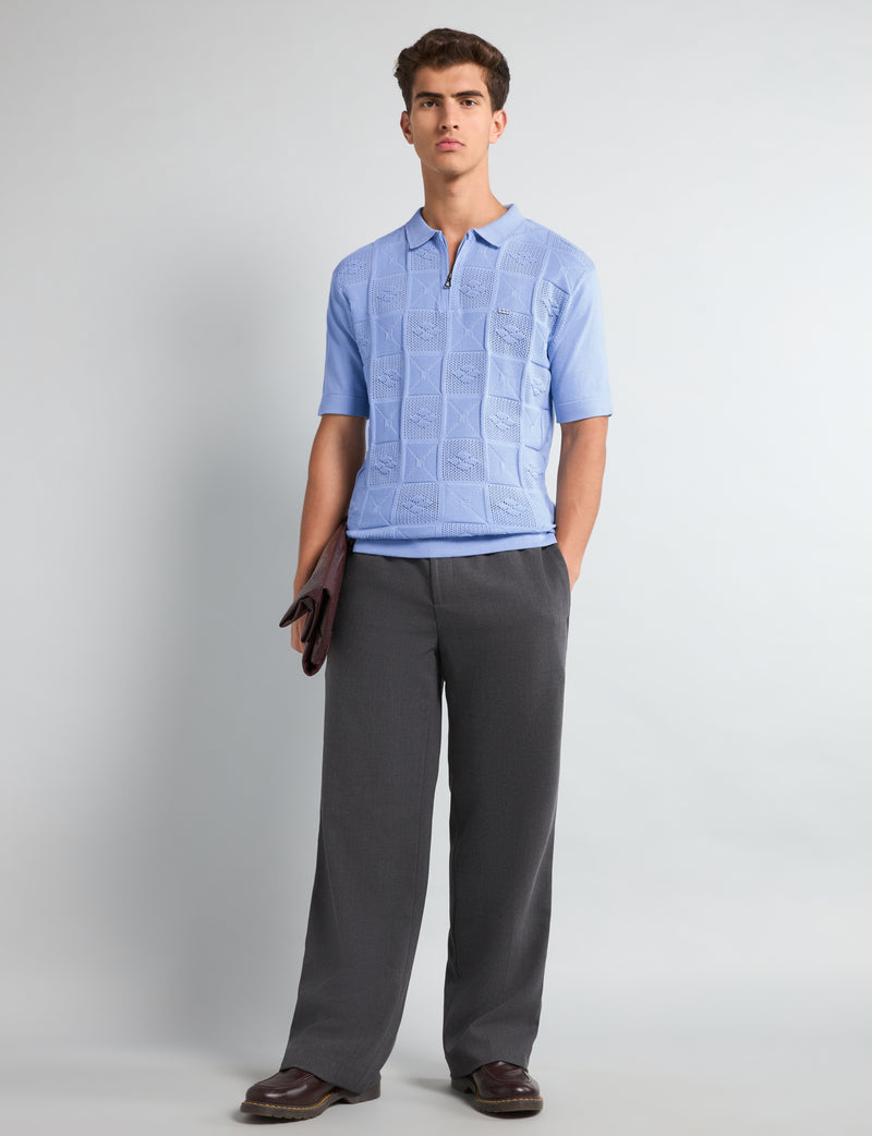 Bosstone Ice Blue Knitted Cotton Zipper Polo T-Shirt
