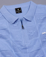 Bosstone Ice Blue Knitted Cotton Zipper Polo T-Shirt