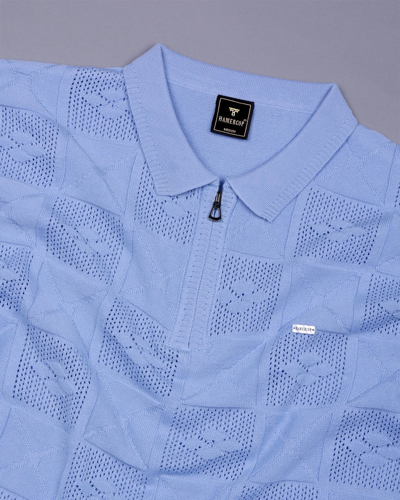 Bosstone Ice Blue Knitted Cotton Zipper Polo T-Shirt