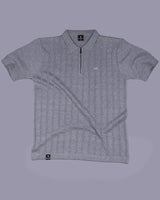 Tbesta Gray Knitted Melange Cotton Zipper Polo T-Shirt