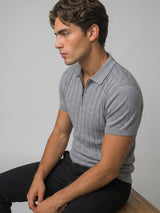 Tbesta Gray Knitted Melange Cotton Zipper Polo T-Shirt