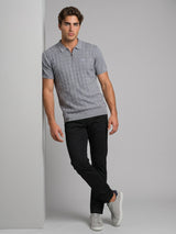 Tbesta Gray Knitted Melange Cotton Zipper Polo T-Shirt