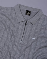 Tbesta Gray Knitted Melange Cotton Zipper Polo T-Shirt