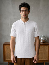 Tbesta Ivory Cream Knitted Melange Cotton Zipper Polo T-Shirt