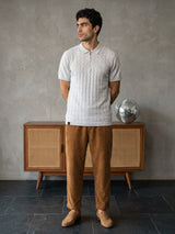 Tbesta Ivory Cream Knitted Melange Cotton Zipper Polo T-Shirt