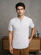 Tbesta Ivory Cream Knitted Melange Cotton Zipper Polo T-Shirt
