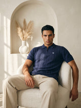 Tbesta NavyBlue Knitted Melange Cotton Zipper Polo T-Shirt