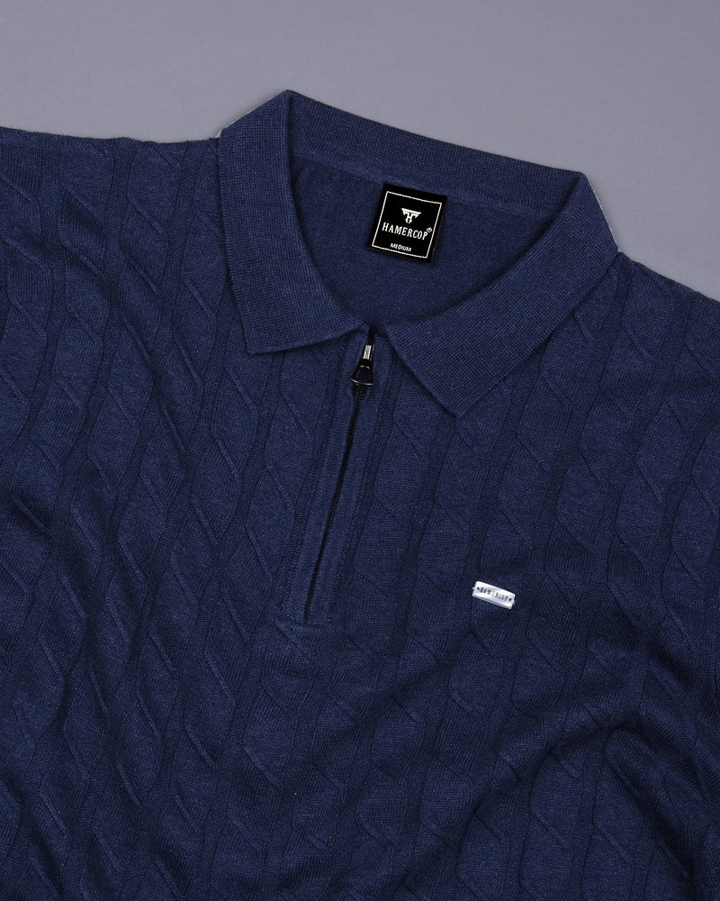 Tbesta NavyBlue Knitted Melange Cotton Zipper Polo T-Shirt