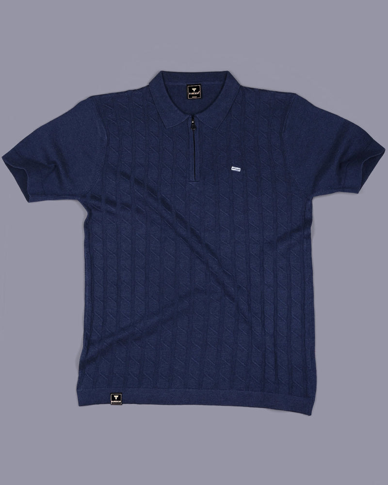 Tbesta NavyBlue Knitted Melange Cotton Zipper Polo T-Shirt