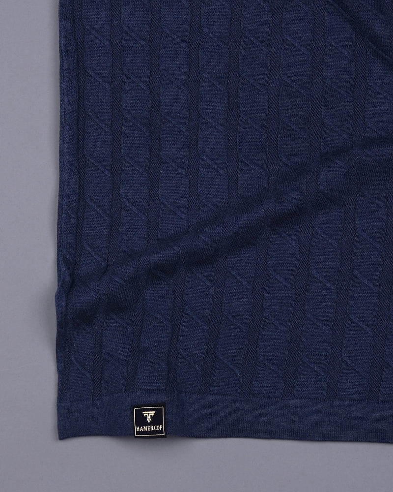 Tbesta NavyBlue Knitted Melange Cotton Zipper Polo T-Shirt