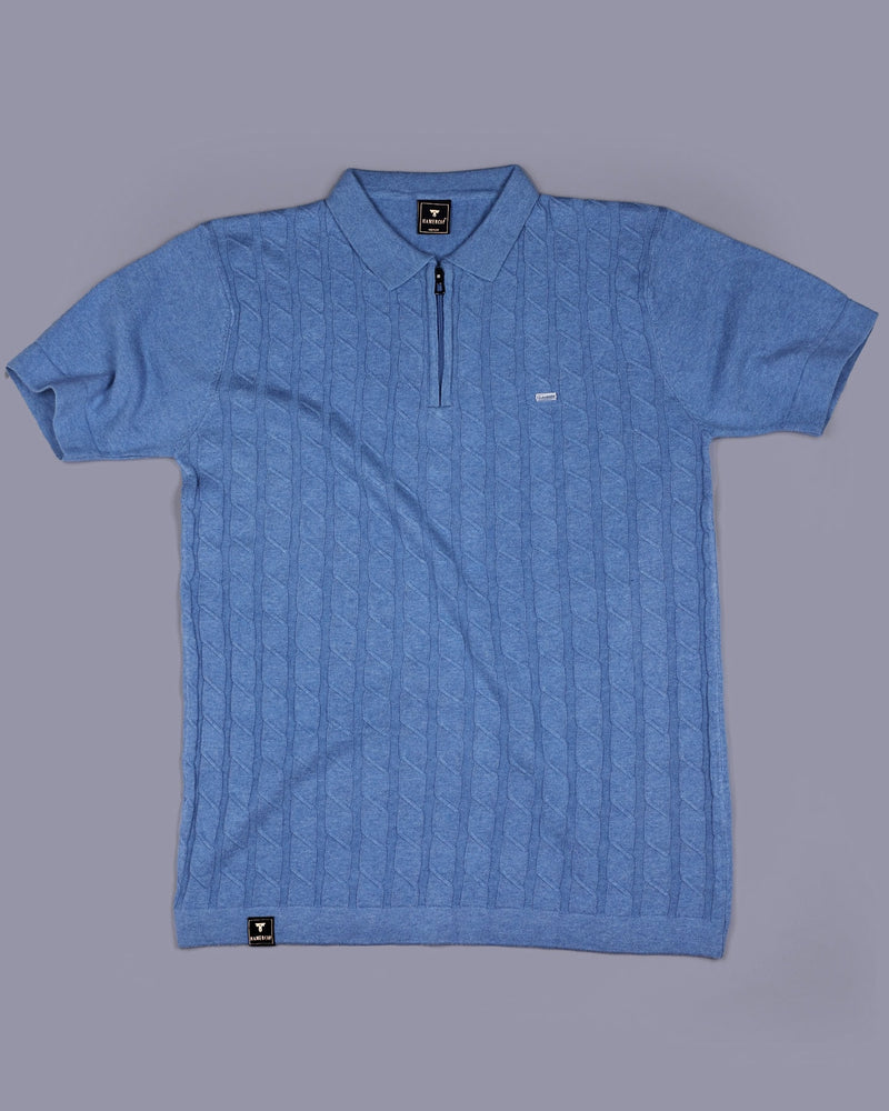 Tbesta SkyBlue Knitted Melange Cotton Zipper Polo T-Shirt