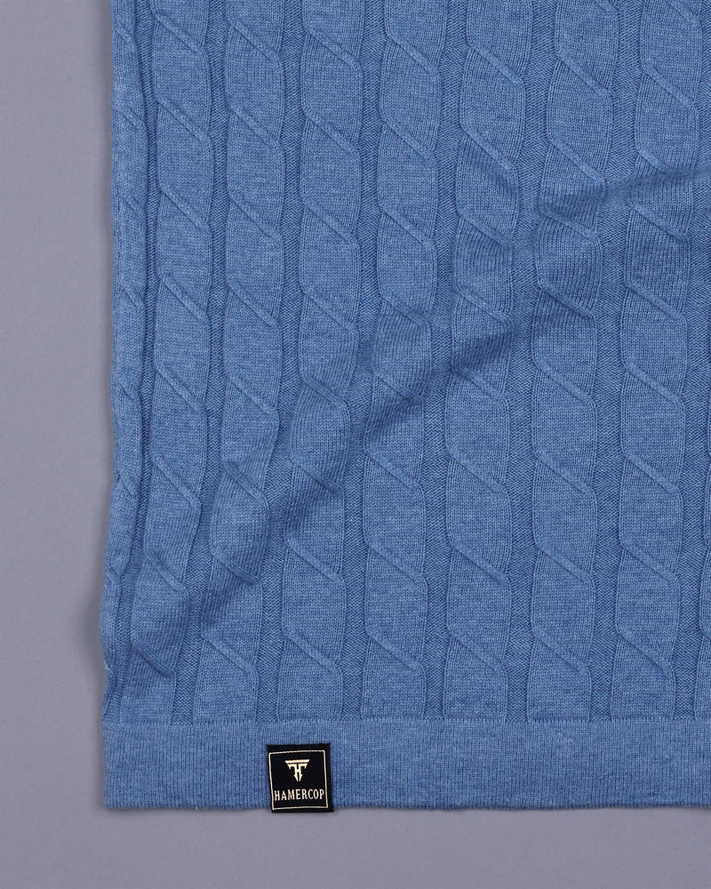 Tbesta SkyBlue Knitted Melange Cotton Zipper Polo T-Shirt