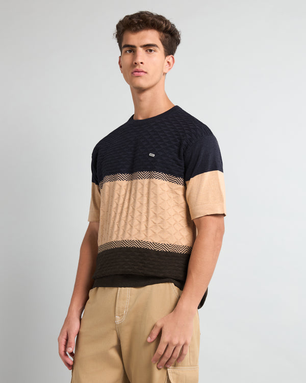 Gray With Cream And Green Knitted Cotton Designer T-Shirt