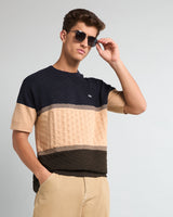 Gray With Cream And Green Knitted Cotton Designer T-Shirt