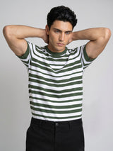Aura Green Stripe Knitted Cotton T-Shirt