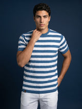 Steel Blue Hexagon Pattern Knitted Cotton T-Shirt
