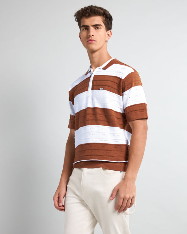 Eclair Brown Knitted Cotton Zipper Polo T-Shirt