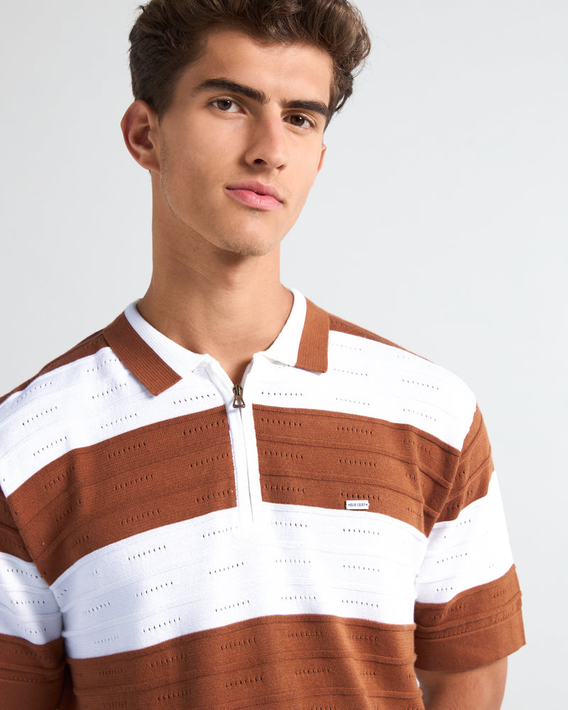 Eclair Brown Knitted Cotton Zipper Polo T-Shirt