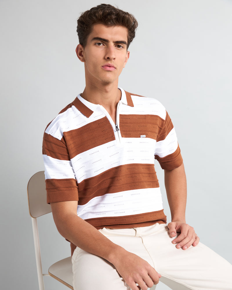 Eclair Brown Knitted Cotton Zipper Polo T-Shirt