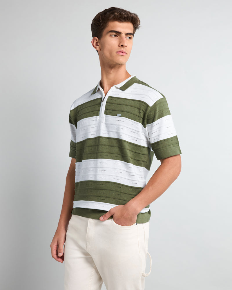 Eclair Green Knitted Cotton Zipper Polo T-Shirt