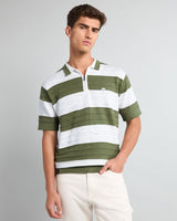 Eclair Green Knitted Cotton Zipper Polo T-Shirt