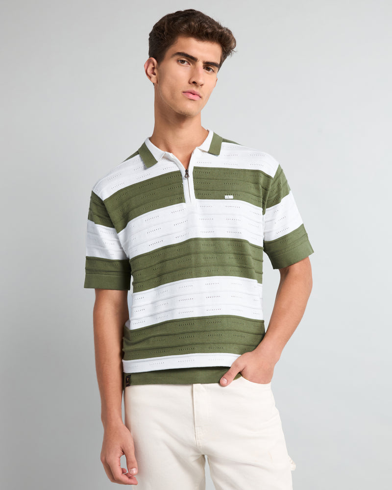 Eclair Green Knitted Cotton Zipper Polo T-Shirt