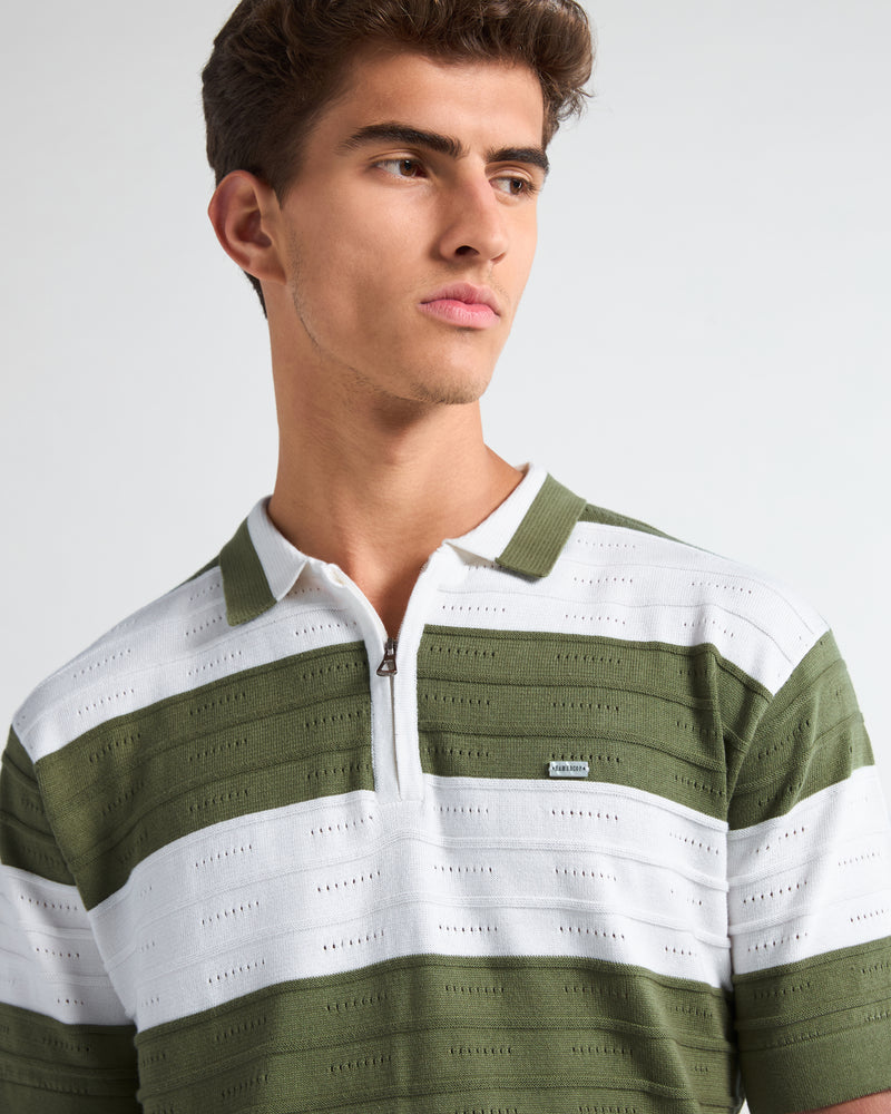 Eclair Green Knitted Cotton Zipper Polo T-Shirt
