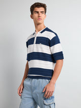 Eclair Blue Knitted Cotton Zipper Polo T-Shirt