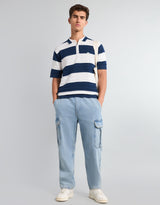 Eclair Blue Knitted Cotton Zipper Polo T-Shirt