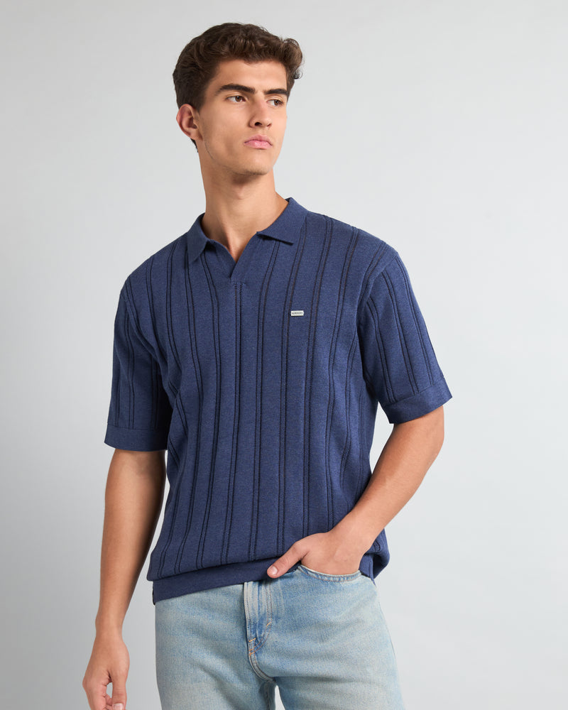 Syntax NavyBlue Knitted Melange Cotton Polo T-Shirt