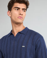 Syntax NavyBlue Knitted Melange Cotton Polo T-Shirt
