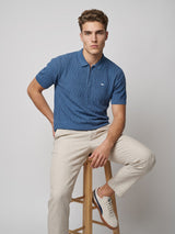 Eclipse Blue Knitted Cotton Zipper Polo T-Shirt