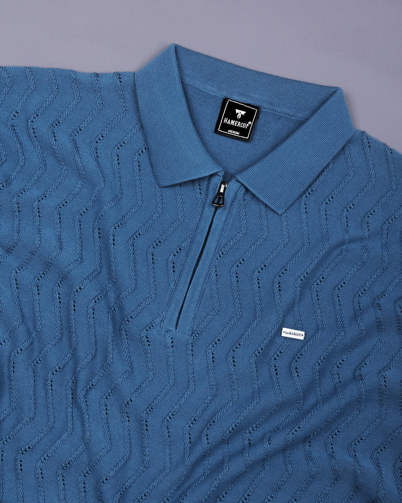 Eclipse Blue Knitted Cotton Zipper Polo T-Shirt