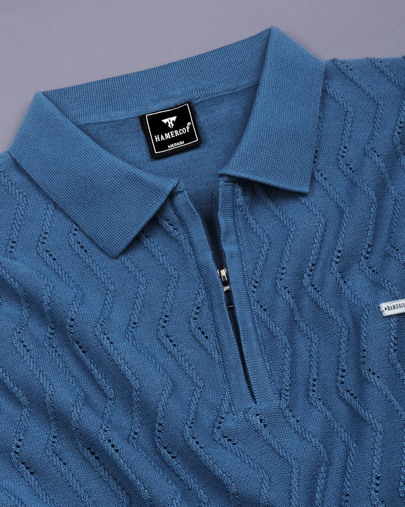 Eclipse Blue Knitted Cotton Zipper Polo T-Shirt
