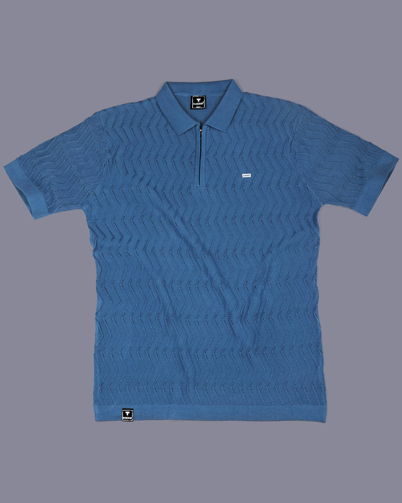 Eclipse Blue Knitted Cotton Zipper Polo T-Shirt