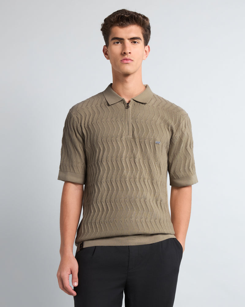 Eclipse Cream Knitted Cotton Zipper Polo T-Shirt |Hamercop